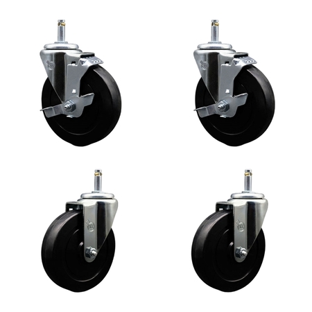 SERVICE CASTER 5'' Soft Rubber Wheel Swivel 7/16'' Grip Ring Stem Caster Set 2 Brakes, 4PK SCC-GR20S514-SRS-TLB-716138-2-S-2